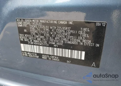 2012 Toyota Rav4 z USA, uszkodzony, nr VIN 2T3BF4DV4CW251754